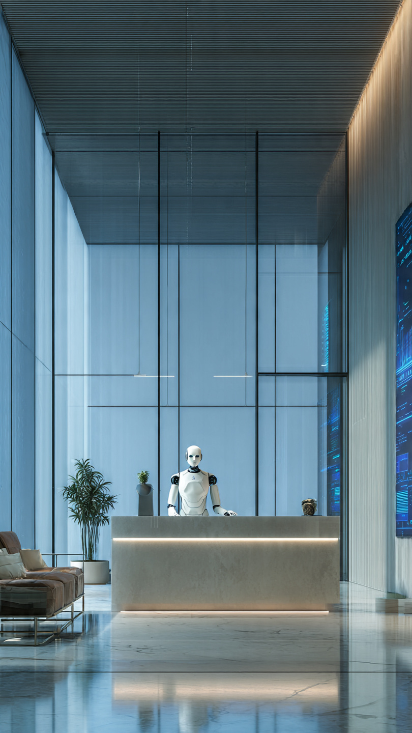 Modern office lobby with clean lines and advanced technology